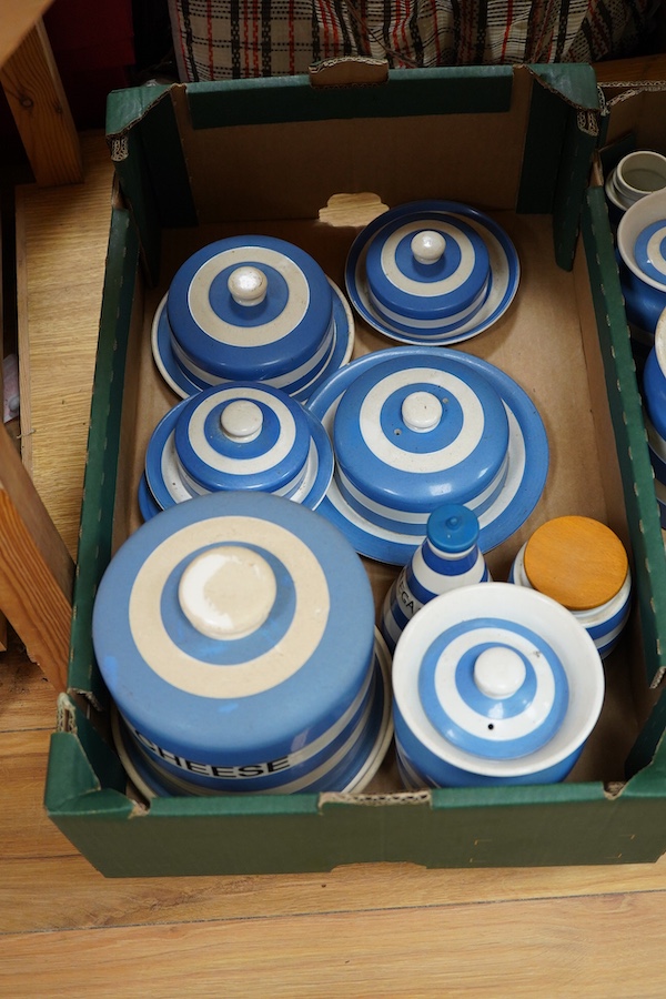 A large collection of Cornishware, cheese dome, butter, sugar, dishes etc